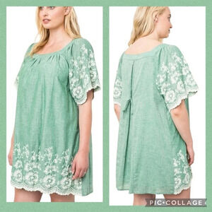 Hayden Los Angeles NWT green embroidered square neck babydoll dress tie back XL